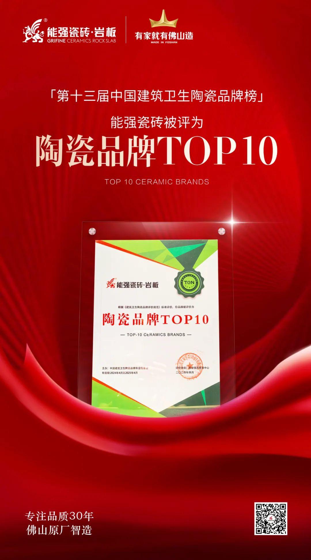 匠心榮耀丨能強(qiáng)瓷磚斬獲“陶瓷品牌TOP10”殊榮！